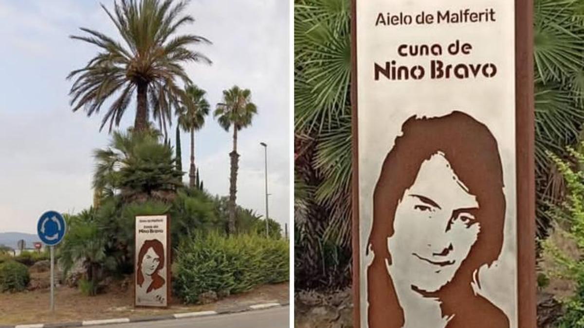Rotonda de entrada a Aielo de Malferit con la placa y la imagen de Nino Bravo restituida.
