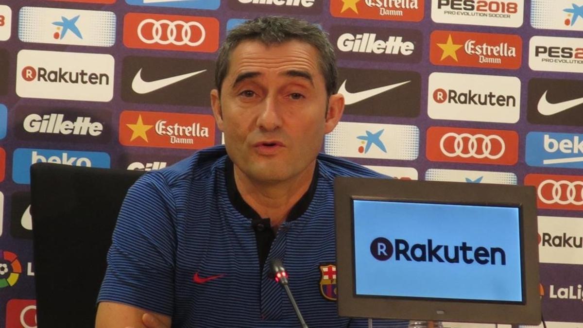 Ernesto Valverde, en la conferencia de prensa de hoy en la Ciudad Deportiva 'Joan Gamper'.