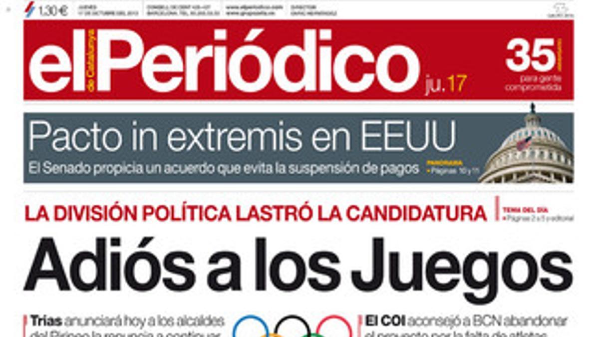 La portada de EL PERIÓDICO (17-10-2013).