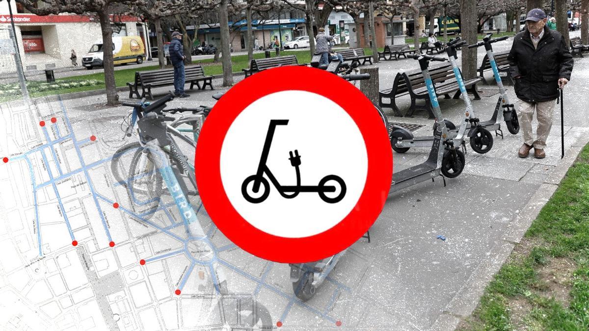 Una señal de prohibición sobre un punto de acceso a patinetes.