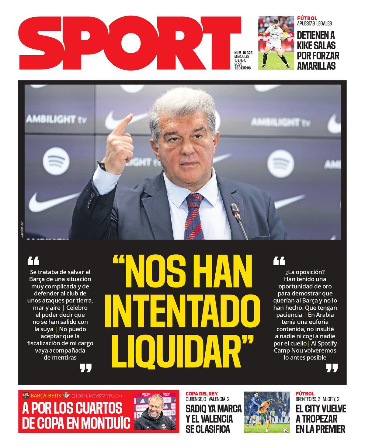 La portada SPORT de hoy, miércoles 15 de enero de 2025