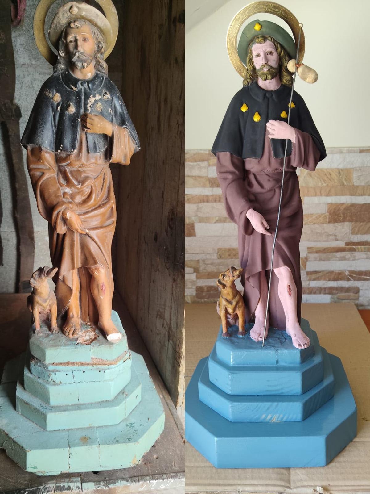 Estado en el que apareció el San Roque y como ha quedado tras su restauración.