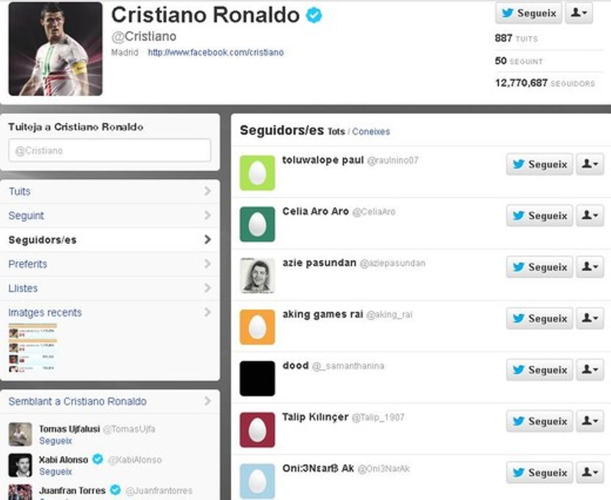 Al perfil de Cristiano Ronaldo s’aprecien els seguidors falsos o inactius que encara tenen un ou com a foto de perfil. Al perfil de Cristiano Ronaldo s’aprecien els seguidors falsos o inactius que encara tenen un ou com a foto de perfil.