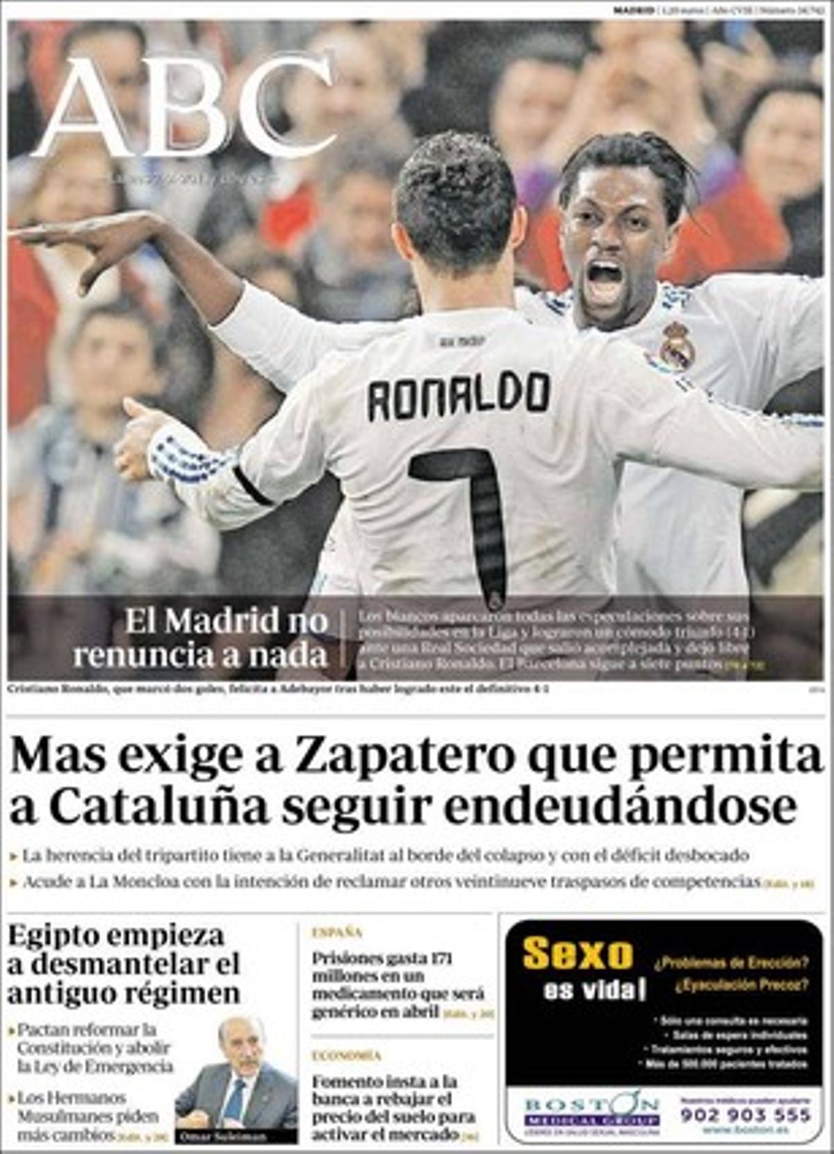 ’Abc’ ofereix una entrevista amb el conseller basc d’Interior, Rodolfo Ares --Ens agradaria que Batasuna estigués a les urnes, significaria que ha fet els deures-- i explica que el ministre José Blanco insta la banca a abaixar el preu del sòl per reactivar el mercat.