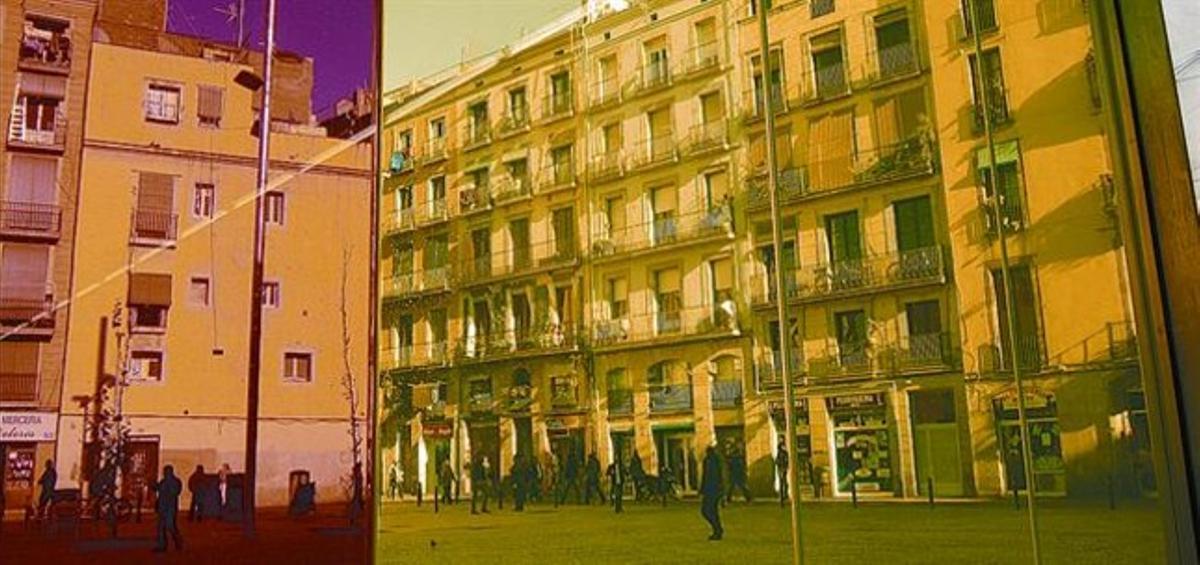 La nova plaça de Salvador Seguí, vista des del vestíbul de l’edifici de la nova Filmoteca de Catalunya.