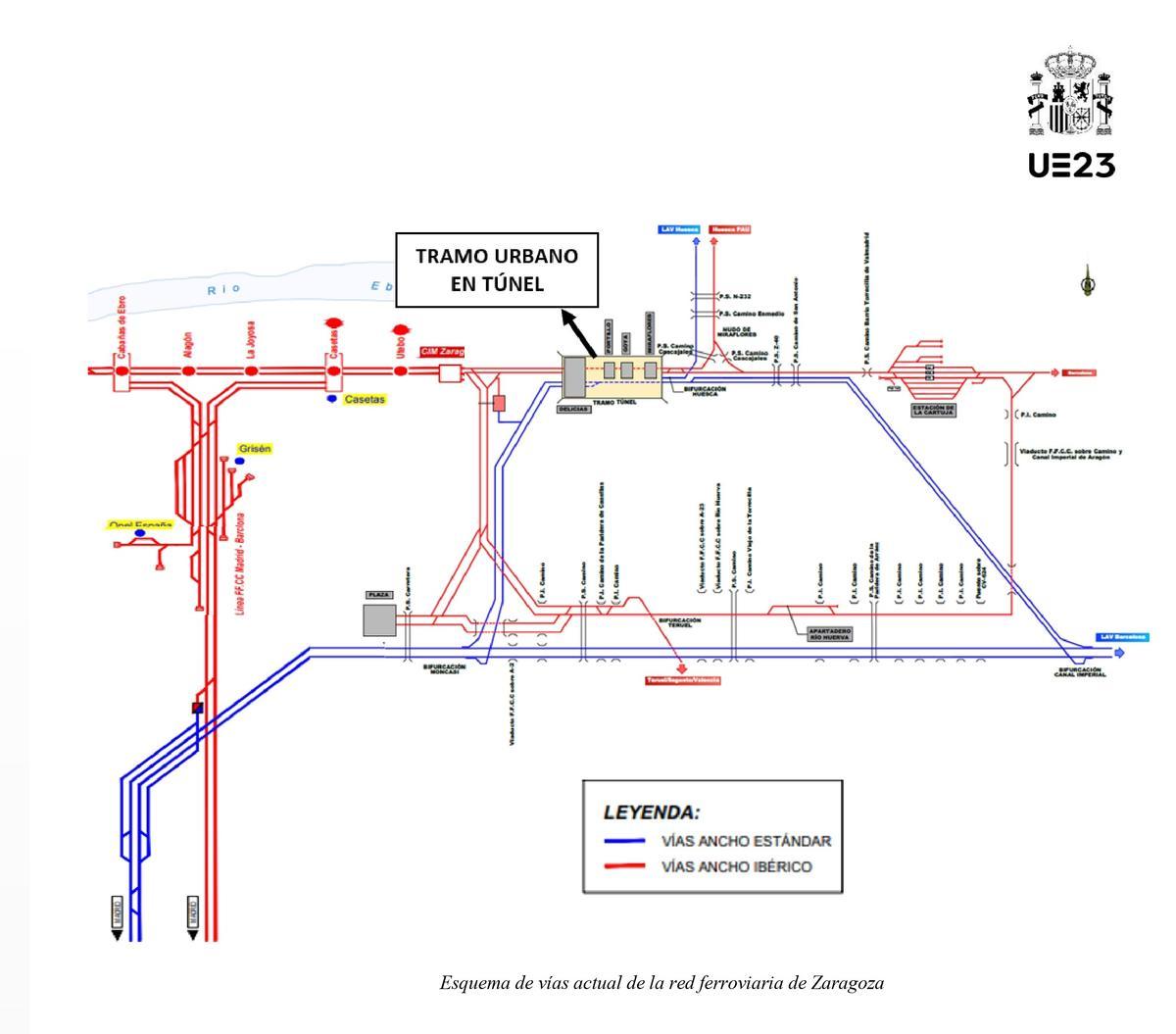 Mapa de las líneas de tren que operan en Zaragoza y su entorno más cercano.