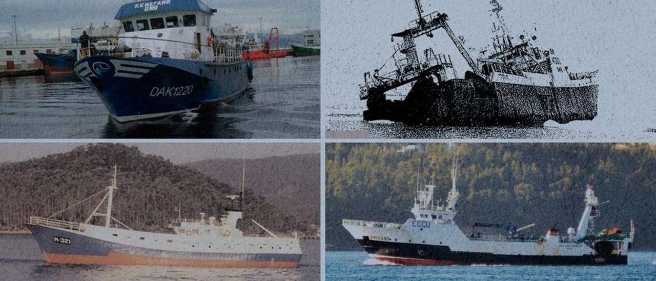 De arriba a abajo: el &quot;Senefand Uno&quot;, el &quot;Northern Osprey&quot;, el &quot;Arosa&quot; y el &quot;Villa de Pitanxo&quot;, todos trágicamente naufragados FDV / SHANNON MARINE SAR