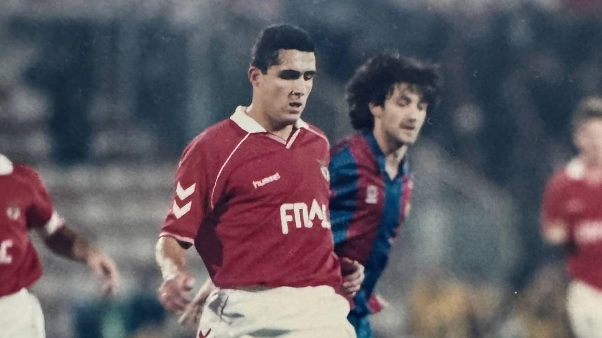 Paulo Madeira, junto a Bakero en un duelo Benfica-Barça de 1991