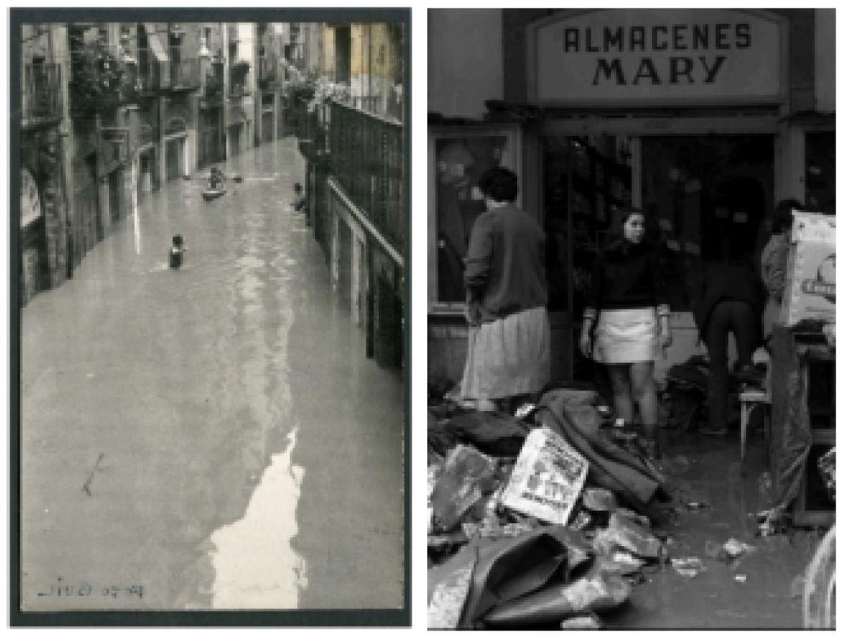 Carrer de les Ballesteries inundat a Girona (1962). Govern Civil de Girona. Àlbum de fotografies, 2/154 / Desperfectes provocats per les inundacions a l'establiment Magatzems Mary. 1970. Narcís Sans Prats. CRDI - Ajuntament de Girona