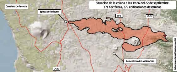 Situación de la colada a las 19:26 del 22 de septiembre. 171 hectáreas, 372 edificaciones