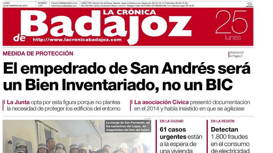 Esta es la portada de LA CRÓNICA DE BADAJOZ correspondiente al día 25 de febrero del 2019