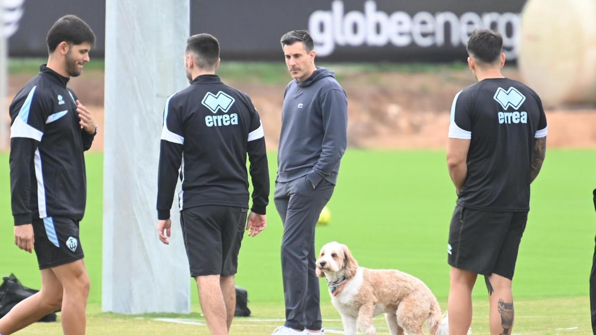 El presidente Voulgaris, en el centro de la imagen junto a su perro Oscar, en la ciudad deportiva Globeenergy.