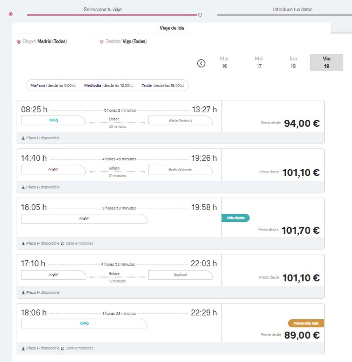 Tarifas de Renfe entre Madrid y Vigo para el viernes 19 de diciembre, antes de las Navidades