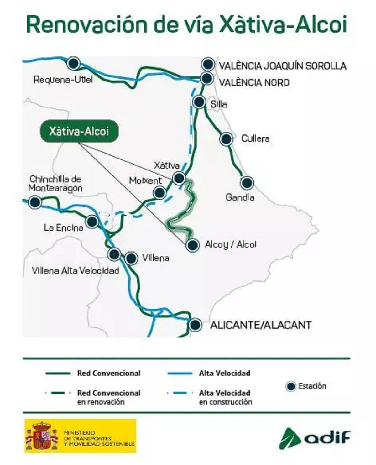Mapa de las obras de renovación de la línea.