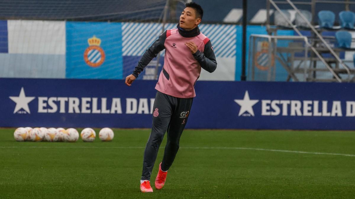 Wu Lei, en el entrenamiento de este miércoles