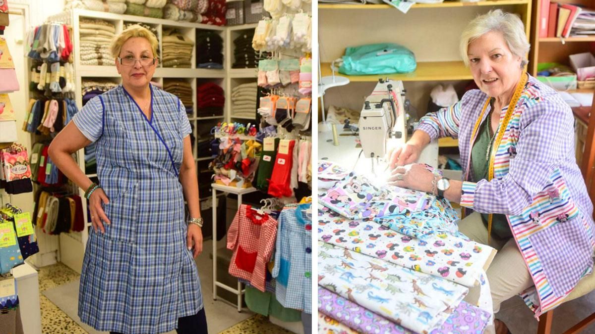 Mari Santamaría en Otero y Elvira Fernández en Elvita posan con sus mandilones. |