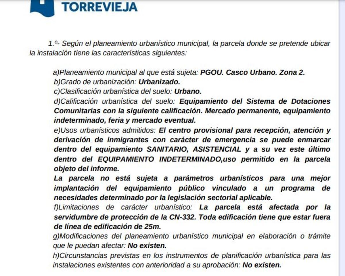 Informe de compatibilidad urbanística favorable del Ayuntamiento a la puesta en marcha del centro de migrantes