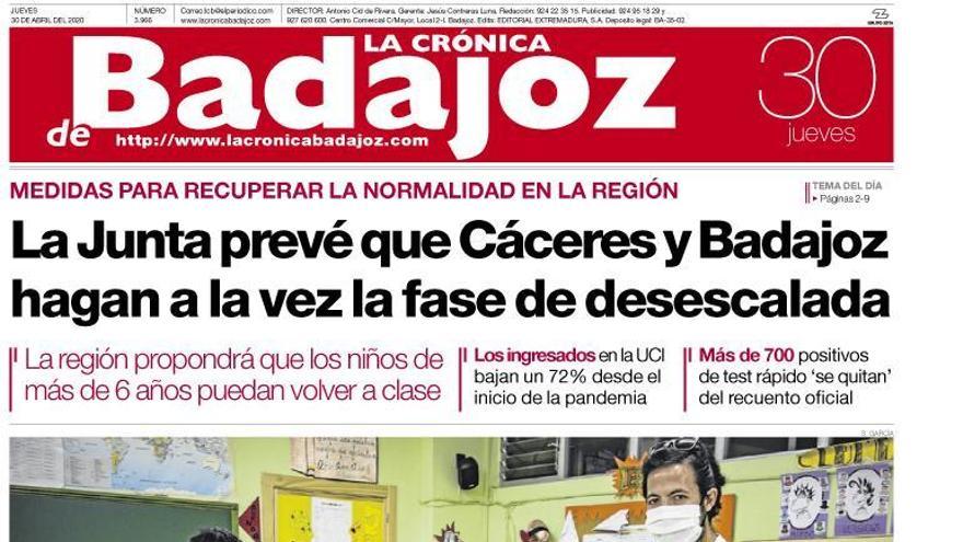 Esta es la portada de LA CRÓNICA DE BADAJOZ correspondiente al día 30 de abril del 2020