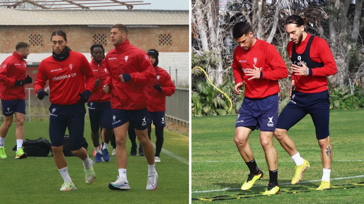 Dragisa Gudelj con Jorge Moreno (izquierda) y con José Alonso, en dos entrenamientos del Córdoba CF.