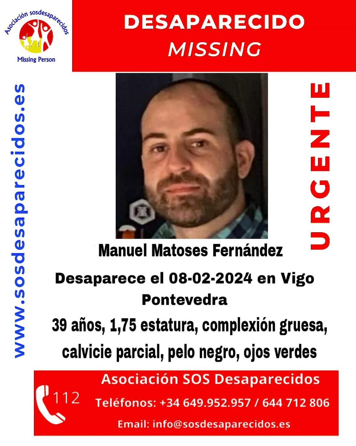 Alerta de SOS Desaparecidos de Manuel Matoses Fernández, vecino de Vigo.