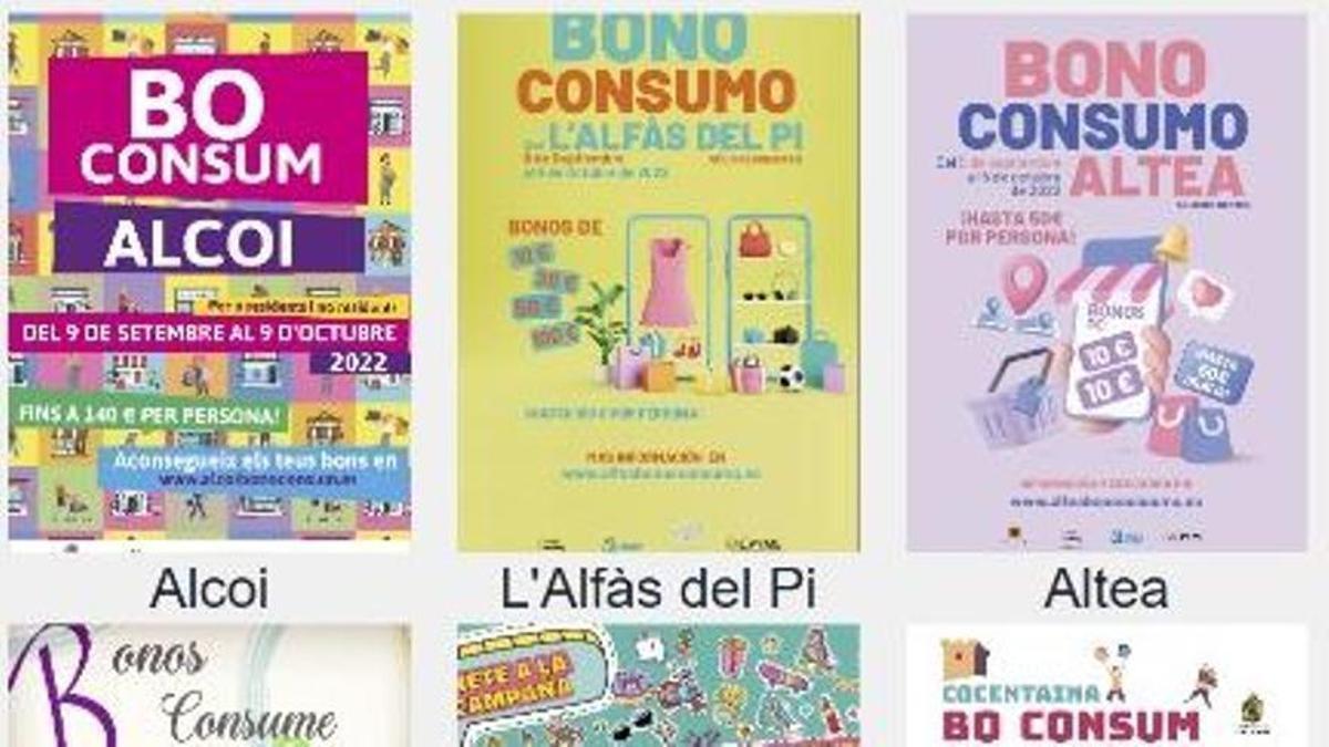 Algunos de los carteles utilizados en el bono comercio por los ayuntamientos.