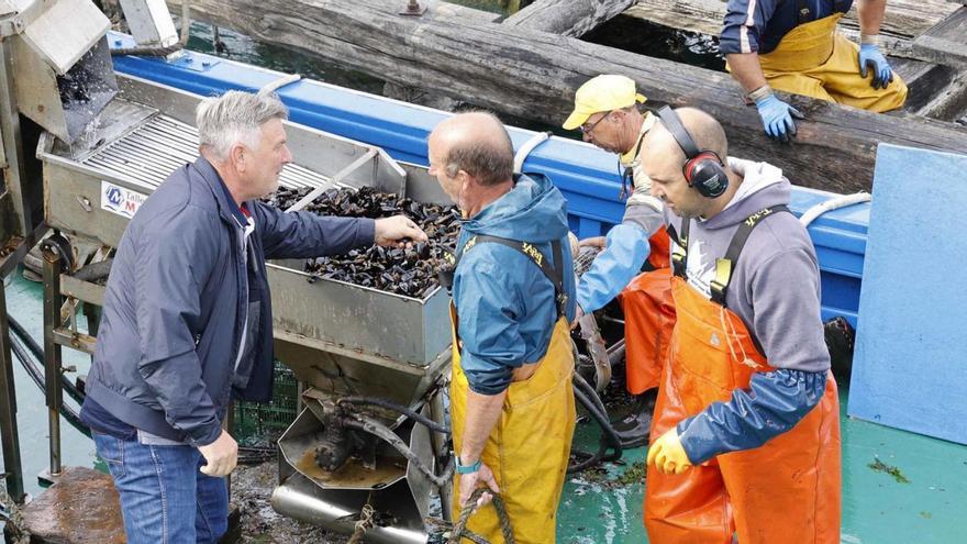 Ricardo Herbón, a la izquierda, mostrando trabajos de desdoble en batea. |  Pablo Hernández