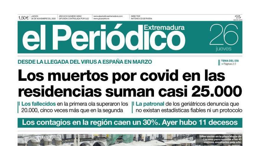 Esta es la portada de EL PERIÓDICO EXTREMADURA correspondiente al día 26 de noviembre del 2020