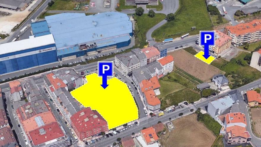 El aparcamiento en Sinforiano López, el de mayor tamaño, y el de la avenida de Fisterra. | LOC