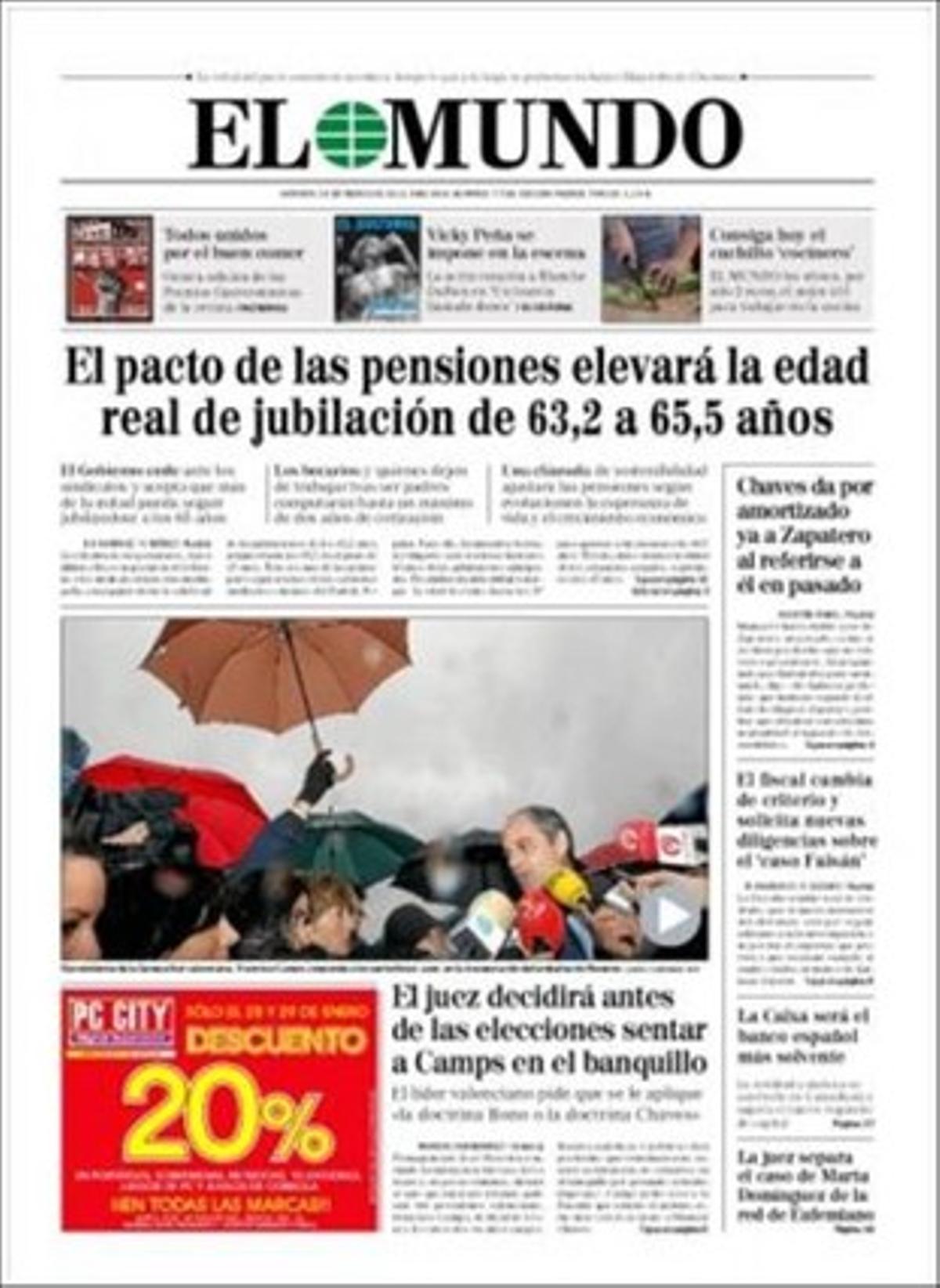 ’El Mundo’ destaca que Angela Merkel exigirà a José Luis Rodríguez Zapatero l’exclusió del castellà en el registre de patents europeu, que funcionaria amb l’alemany, el francès i l’anglès; i que el PP barceloní lamenta la pressa d’Hereu per retirar l’estàtua de la Victòria franquista.