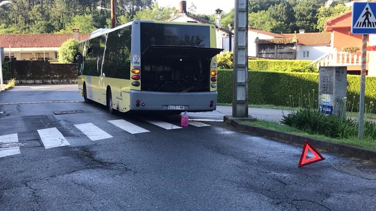 El autocar detenido y señalizado con el triángulo de emergencia en Laraño