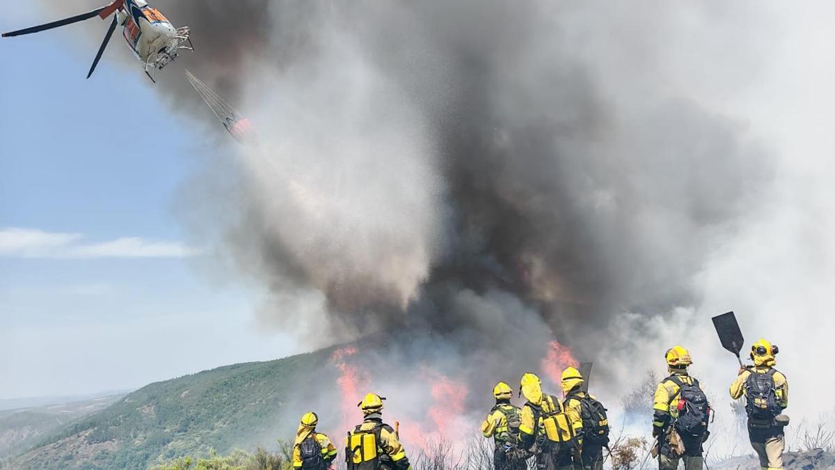 Bomberos forestales de la BRIF de Laza, durante el operativo de extinción en A Mezquita.
