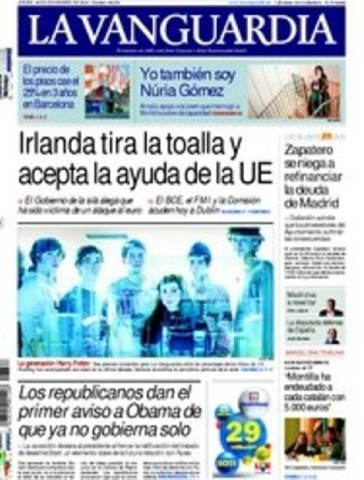 A les pàgines interiors ’La Vanguardia’ dóna rellevància al fet que neix una campanya de suport a Núria Gómez, la jove tetraplègica que va interrogar sobre la dependència Montilla a ’Tinc una pregunta per a vostè’; fa una revisió la marxa del mercat barceloní de la vivenda en plena crisi, i ressalta que el Congrés pacta la política energètica fins al 2020 sense el suport d’IU i amb l’abstenció del PP.