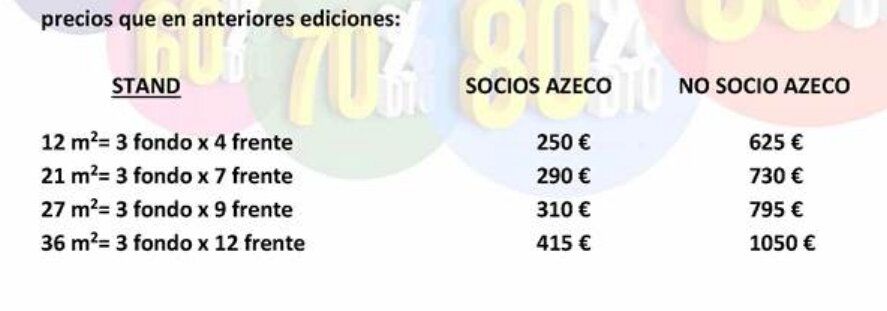 Lista de precios para los stands de la Feria del Stock de Zamora.