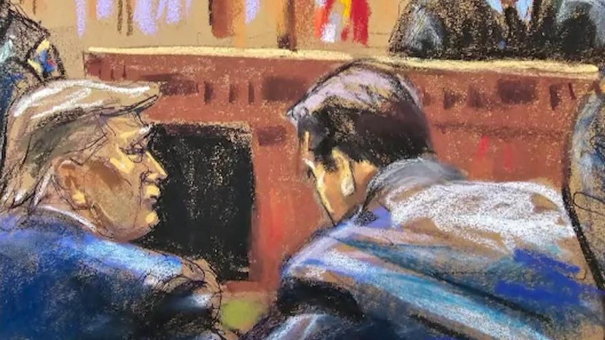 Ilustración de Donald Trump durante su juicio por soborno a Stormy Daniels