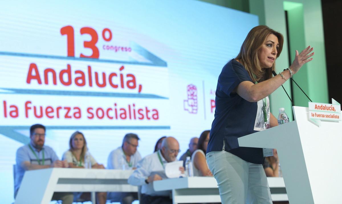 GRA091 SEVILLA, 29/07/2017.-La presidenta andaluza y secretaria general del PSOE-A, Susana Díaz, durante su intervención en el 13 Congreso del PSOE Andaluz que se celebra hoy en Sevilla. EFE/Julio Muñoz