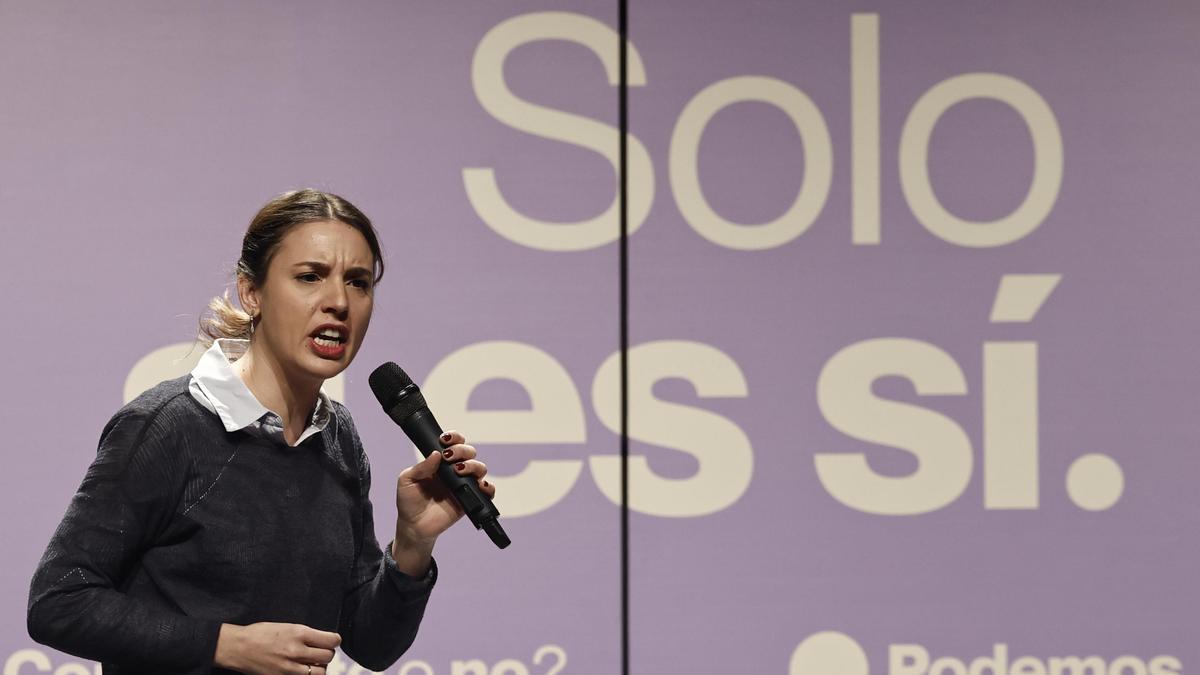 La ministra de Igualdad, Irene Montero, en el acto  de ?odemos '¿Consentiste o no? Solo sí es sí'.