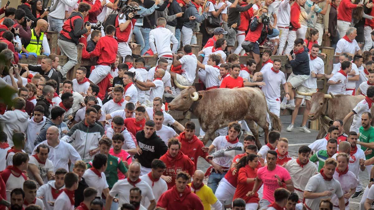 Los participantes corren delante de los toros durante el encierro de las fiestas de San Fermín en Pamplona.