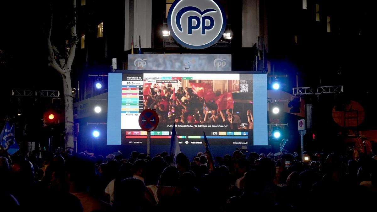 Ambiente en las sedes del PP y PSOE en la noche electoral, en imágenes