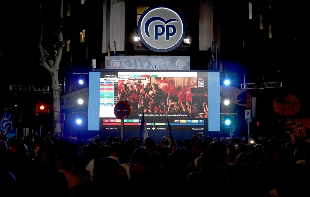 Ambiente en las sedes del PP y PSOE en la noche electoral, en imágenes