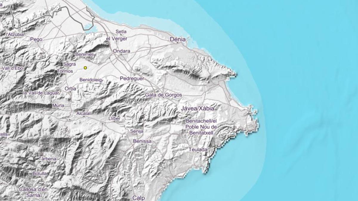 Mapa del Instituto Geográfico Nacional en el que se localiza con un punto amarillo el seísmo