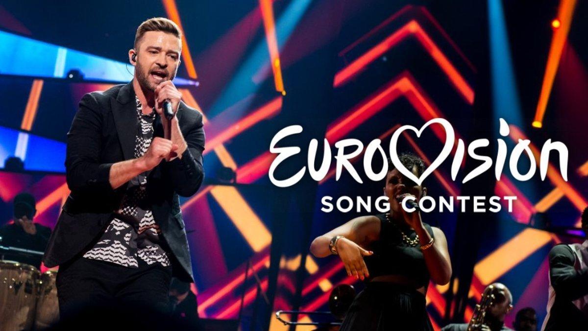 El cantante norteaméricano Justin Timberlake actuando en Eurovisión 2016
