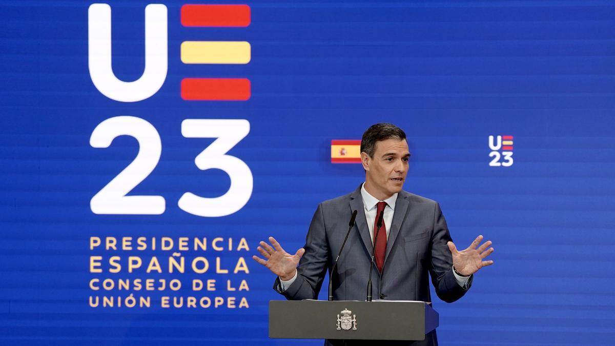 Pedro Sánchez, presidente del Gobierno, durante la presentación de la Presidencia Española en el Consejo de la Unión Europea.