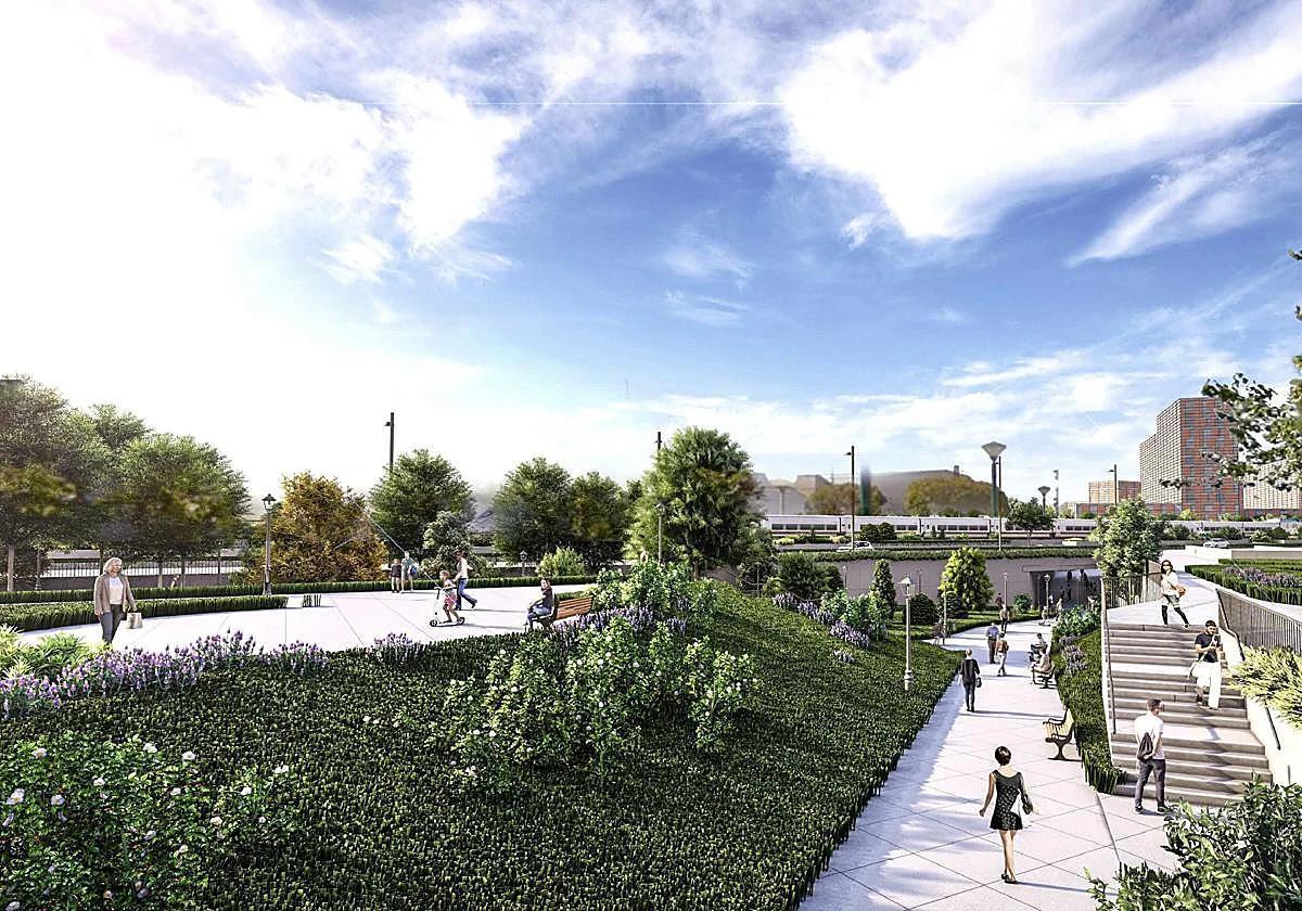 Recreación del paso peatonal y ciclista junto a las vías en Valladolid.