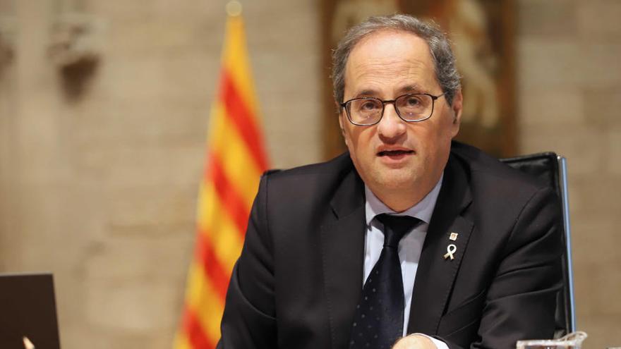 Primer pla del president de la Generalitat, Quim Torra, reunit per videoconferència amb el president del govern espanyol, Pedro Sánchez, i amb els presidents de les comunitats autònomes aquest 10 de maig del 2020