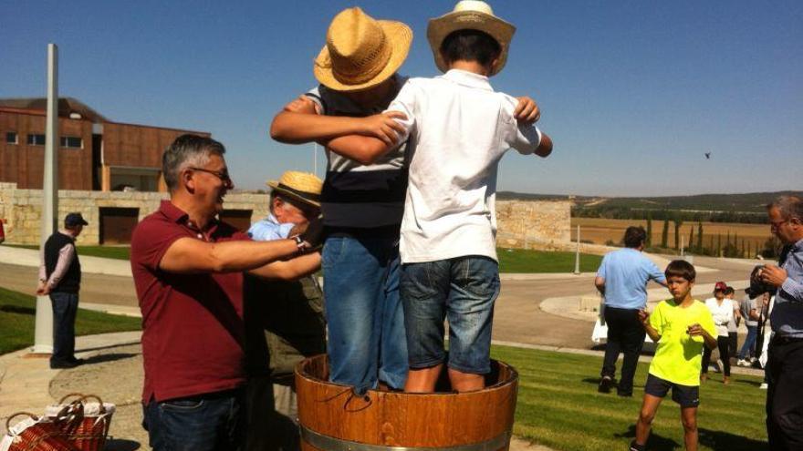 Dos jóvenes aprenden a pisar la uva al estilo tradicional.