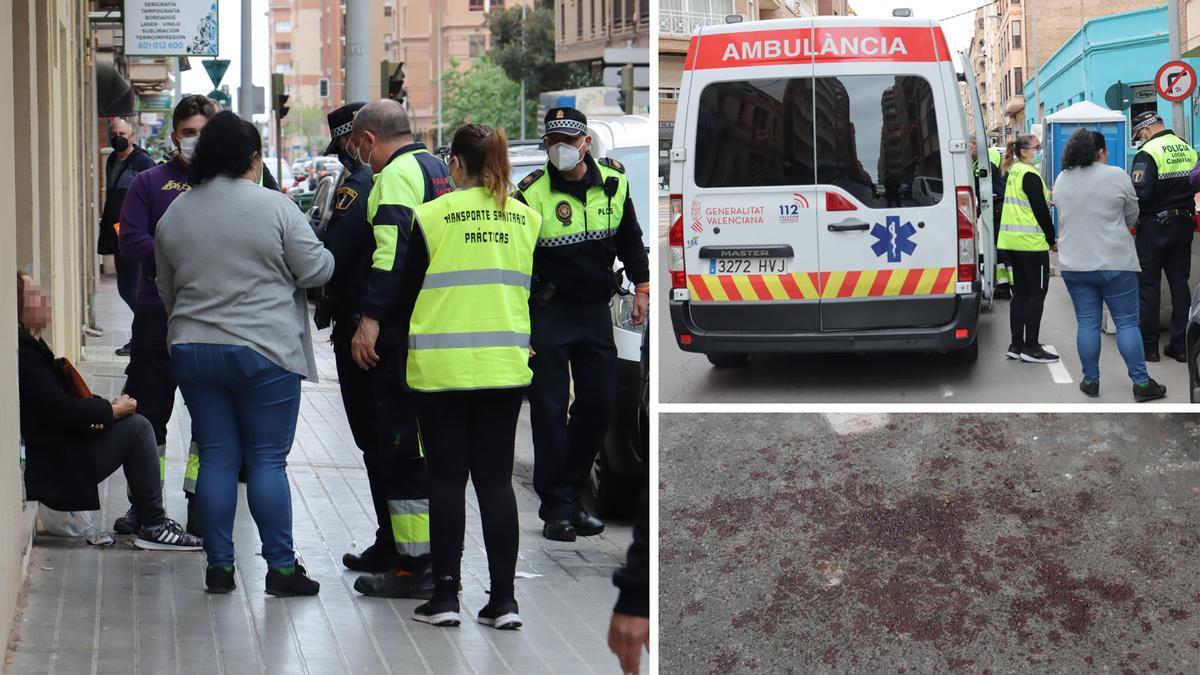 Vecinos, policías locales y sanitarios auxiliaron a la victima, de cuyo sangrado por los golpes quedó rastro en la acera y carretera.