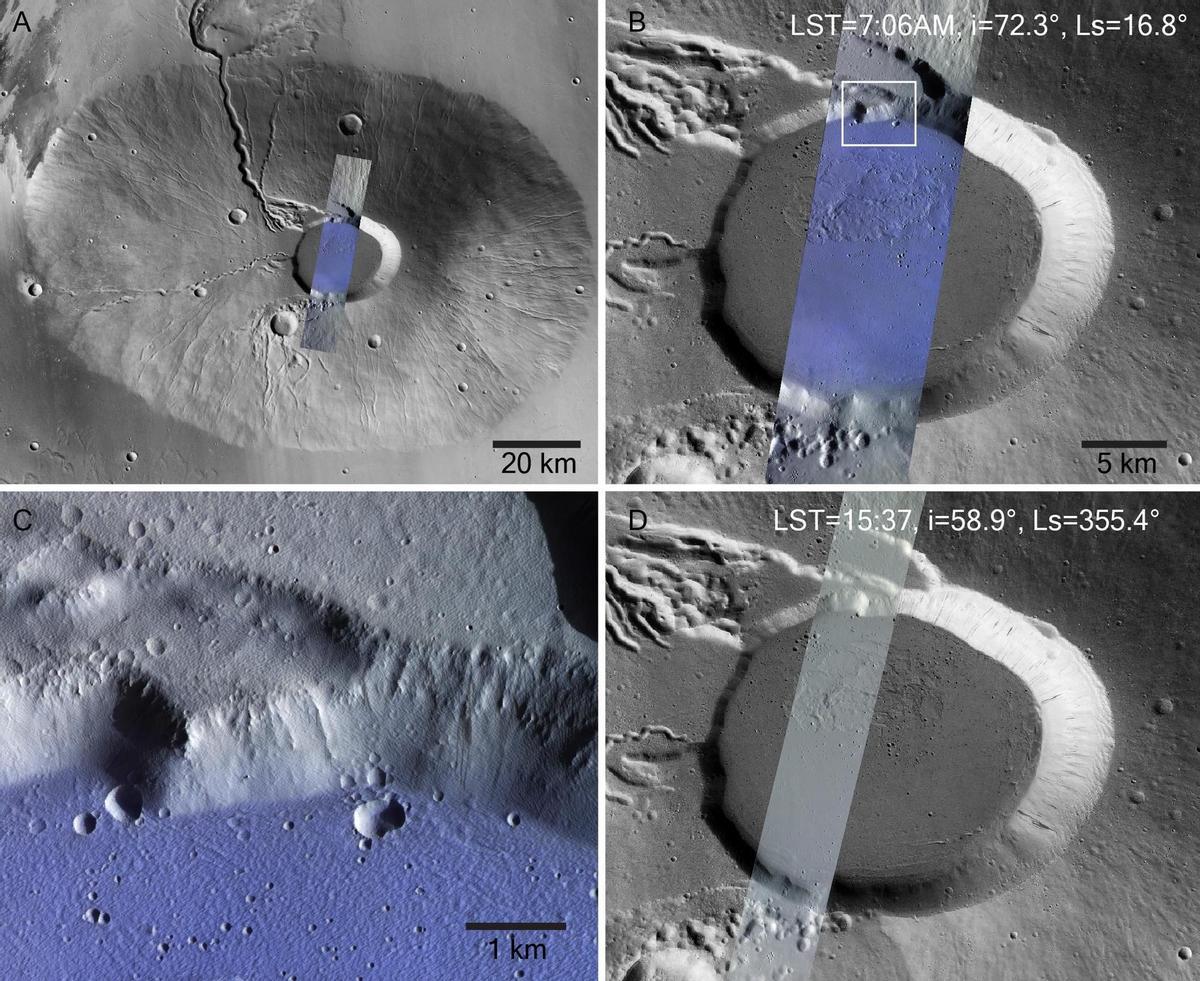 Imagen de las escarchas de hielo detectadas en la caldera del volcán Ceraunius Tholus en el ecuador de Marte.
