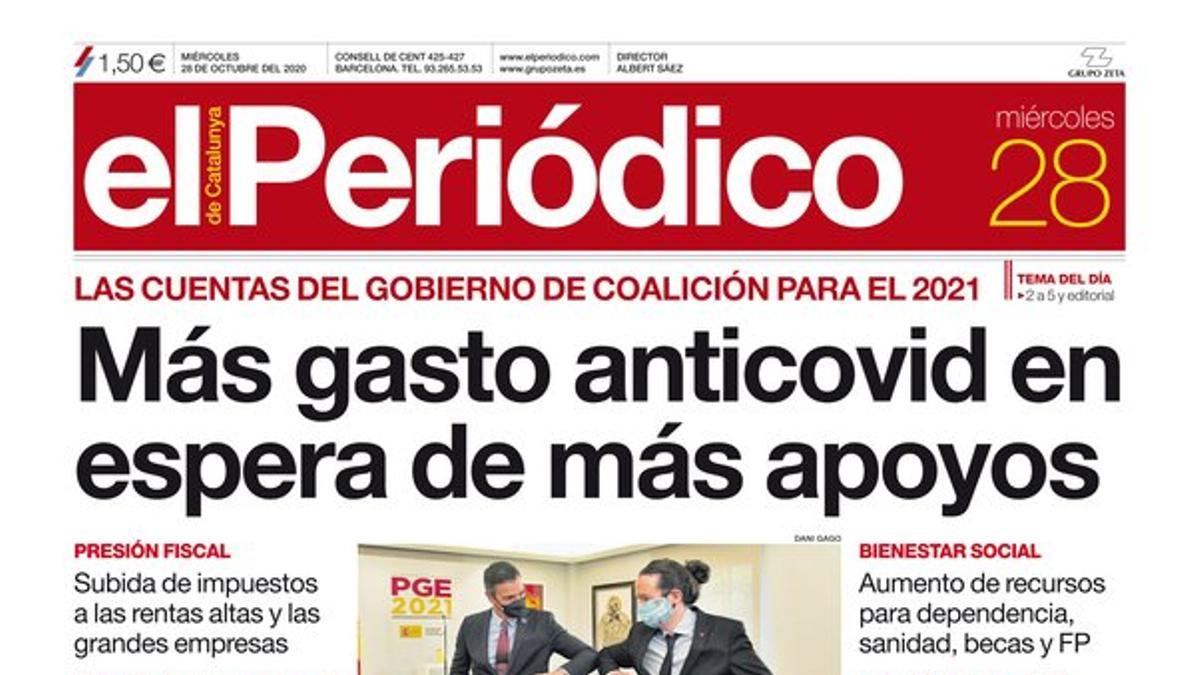 La portada de EL PERIÓDICO del 28 de octubre del 2020