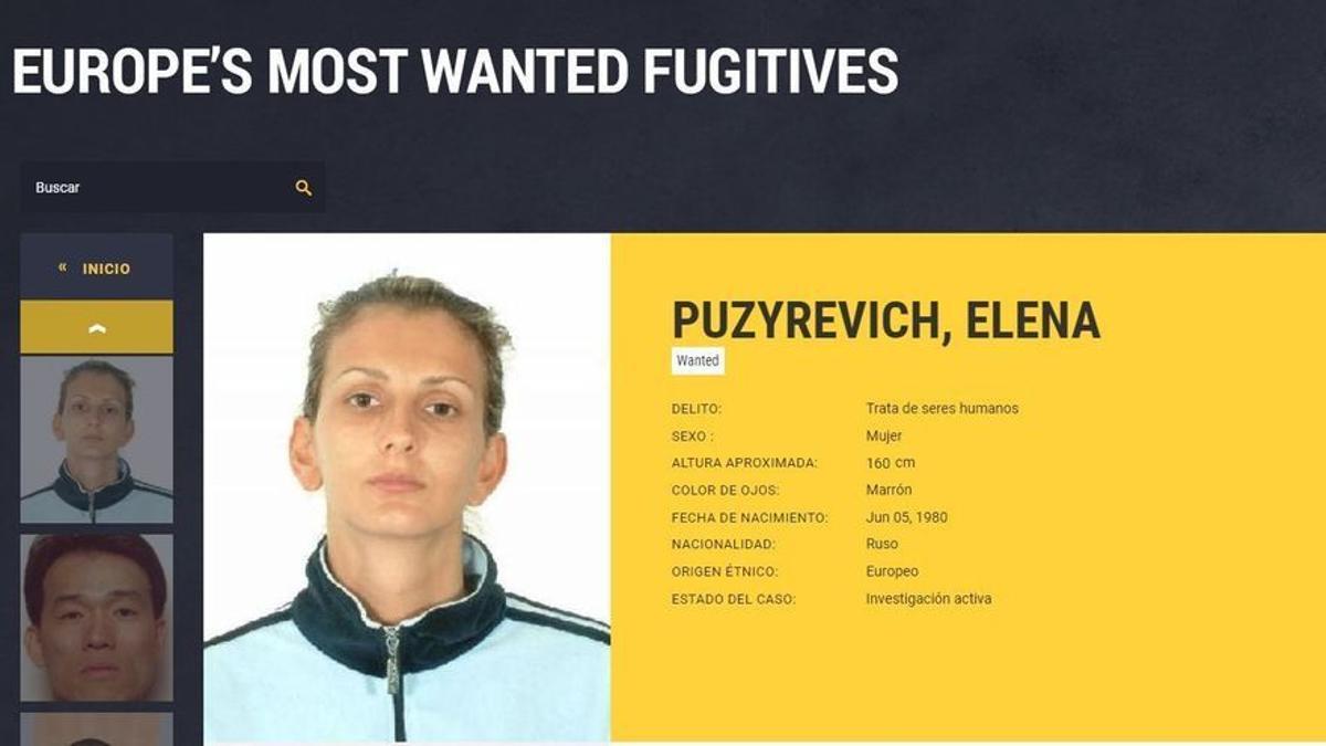 Imagen de la ficha policial de la fugitiva más buscada de España, la rusa Elena Puzyrevich