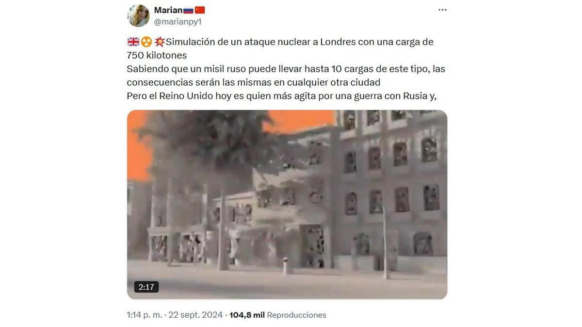 Captura de pantalla del 'post' en el cual se amenaza con la posibilidad de un ataque nuclear contra Londres, ciudad que "busca ser sacrificada".